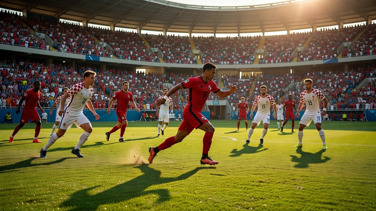 Seorang pemain sepak bola berdiri fokus di tengah lapangan rumput hijau luas di bawah sinar matahari sore. Di latar belakang, dua tim mengenakan seragam berbeda bersiap melanjutkan laga kompetitif yang sengit.
