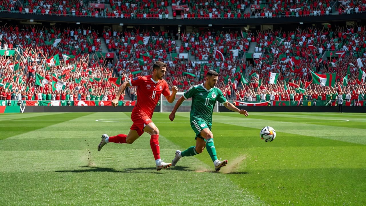 Para pemain mengenakan jersey merah putih dan hijau putih bersaing memperebutkan bola di lapangan rumput hijau yang luas. Stadion dipadati oleh penonton yang antusias menyaksikan laga di bawah sinar matahari cerah.