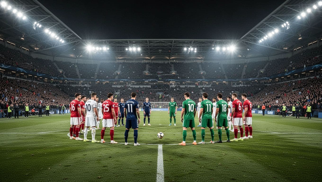 Dua tim sepak bola bertanding di lapangan stadion modern saat malam hari dengan sorotan lampu terang. Ribuan penonton memadati tribun sementara pemain mengejar bola di tengah rumput hijau yang terawat.