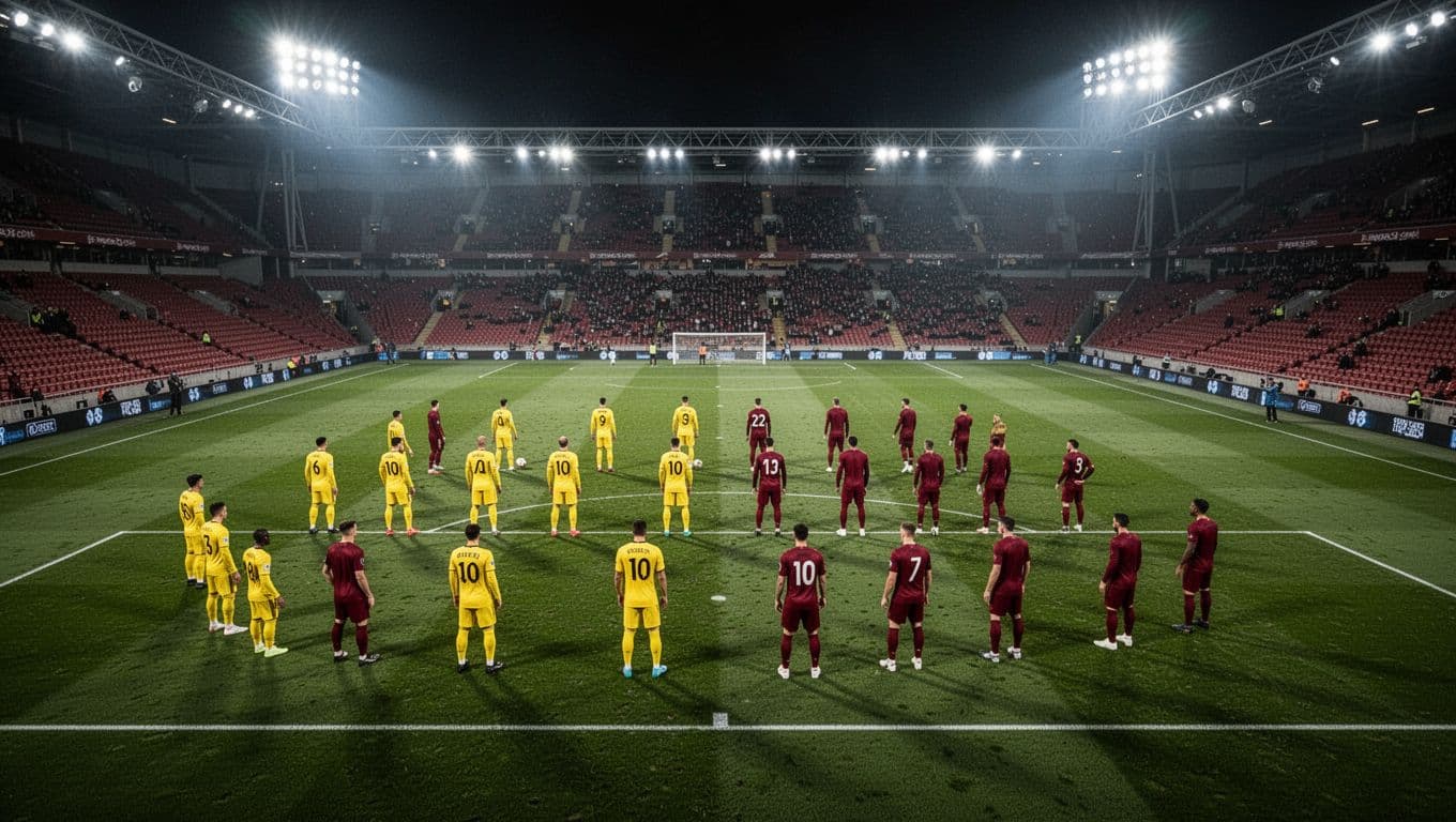Dua kesebelasan dengan jersey kuning dan merah bertanding di tengah lapangan stadion yang diterangi lampu sorot terang. Kursi penonton terlihat kosong di sekeliling lapangan dalam suasana pertandingan besar yang dramatis.