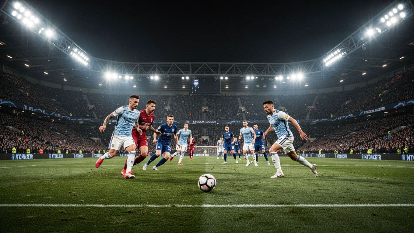 Dua tim sepak bola bertanding di bawah lampu stadion yang terang saat malam hari. Pemain berebut bola di tengah lapangan rumput hijau yang luas di hadapan ribuan penonton yang antusias.