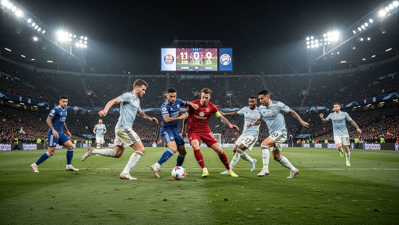 Para pemain sepak bola bertanding di lapangan hijau stadion besar di bawah sorotan lampu yang terang benderang. Papan skor digital yang menyala terlihat jelas di kejauhan, menambah ketegangan suasana pertandingan malam tersebut.