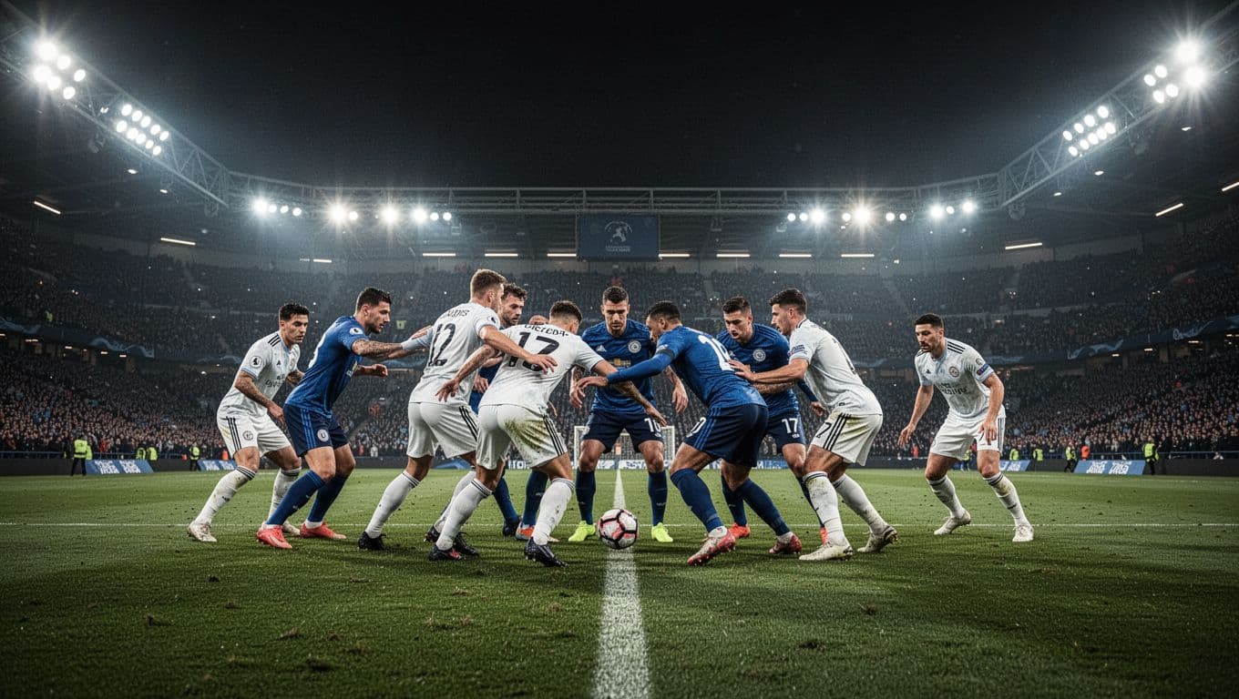 Pemain berseragam putih dan merah bertarung memperebutkan bola di tengah lapangan. Cahaya lampu stadion menerangi arena, menonjolkan aksi taktikal intensif di tengah rumput hijau yang tampak basah dan berkilau di malam hari.