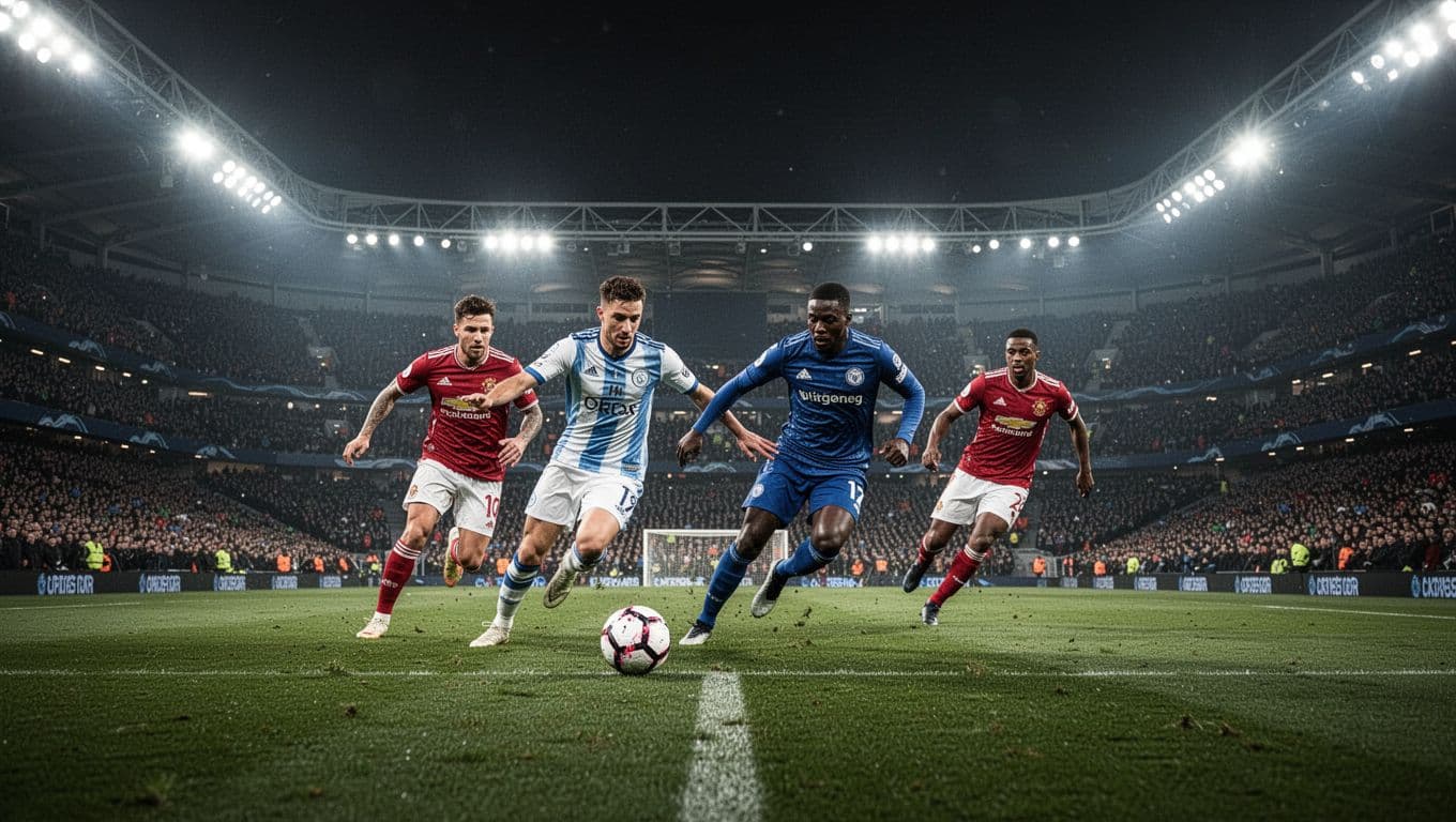 Para pemain sepak bola bertanding di area tengah lapangan dalam stadion modern yang diterangi lampu sorot terang. Ribuan penonton terlihat memenuhi tribun latar belakang menciptakan suasana kompetisi yang sangat intens.