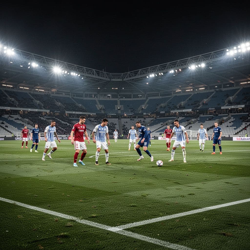 Dua tim profesional bersiap di lapangan hijau yang subur di bawah sorotan lampu stadion raksasa yang terang. Suasana malam hari menciptakan atmosfer kompetitif yang sangat intens dan fokus di tengah stadion.