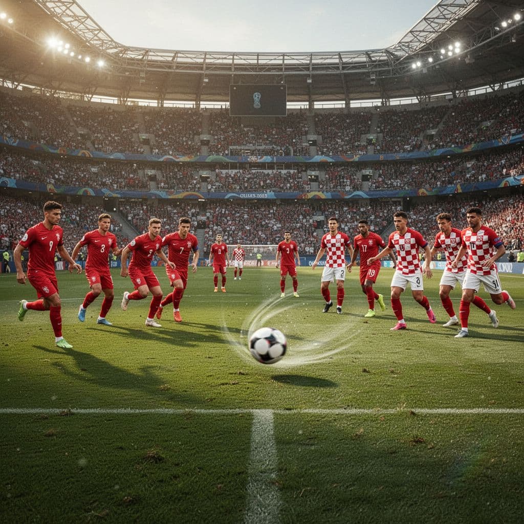 Pemain berseragam merah melawan tim kotak-kotak bertanding sengit di tengah lapangan Toronto Stadium. Sinar matahari sore yang hangat menyinari rumput hijau saat bola dikuasai di lini tengah stadion yang megah.