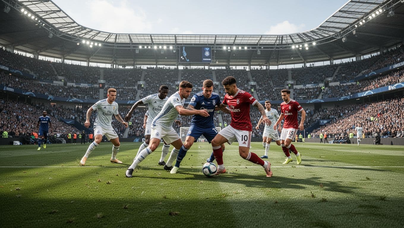 Pemain sepak bola bersaing memperebutkan bola di tengah lapangan hijau stadion yang modern. Penonton memenuhi tribun di bawah sinar matahari cerah, menciptakan suasana kompetisi yang intens dan sangat strategis bagi kedua tim.