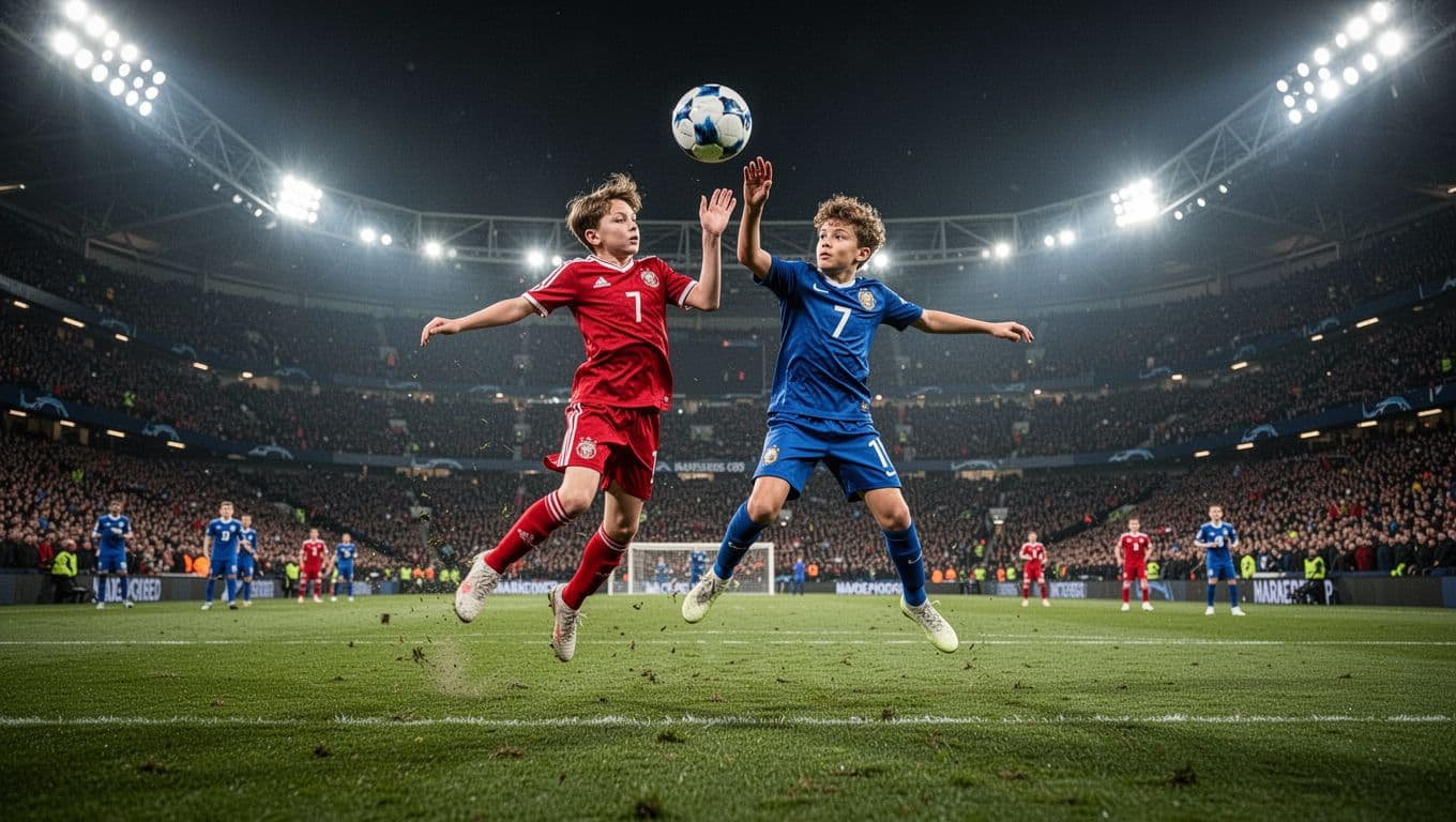 Pemain muda berseragam merah dan biru saling berebut bola di tengah lapangan stadion besar saat malam hari. Lampu sorot stadion menyinari aksi mereka di depan tribun penonton yang penuh sesak.