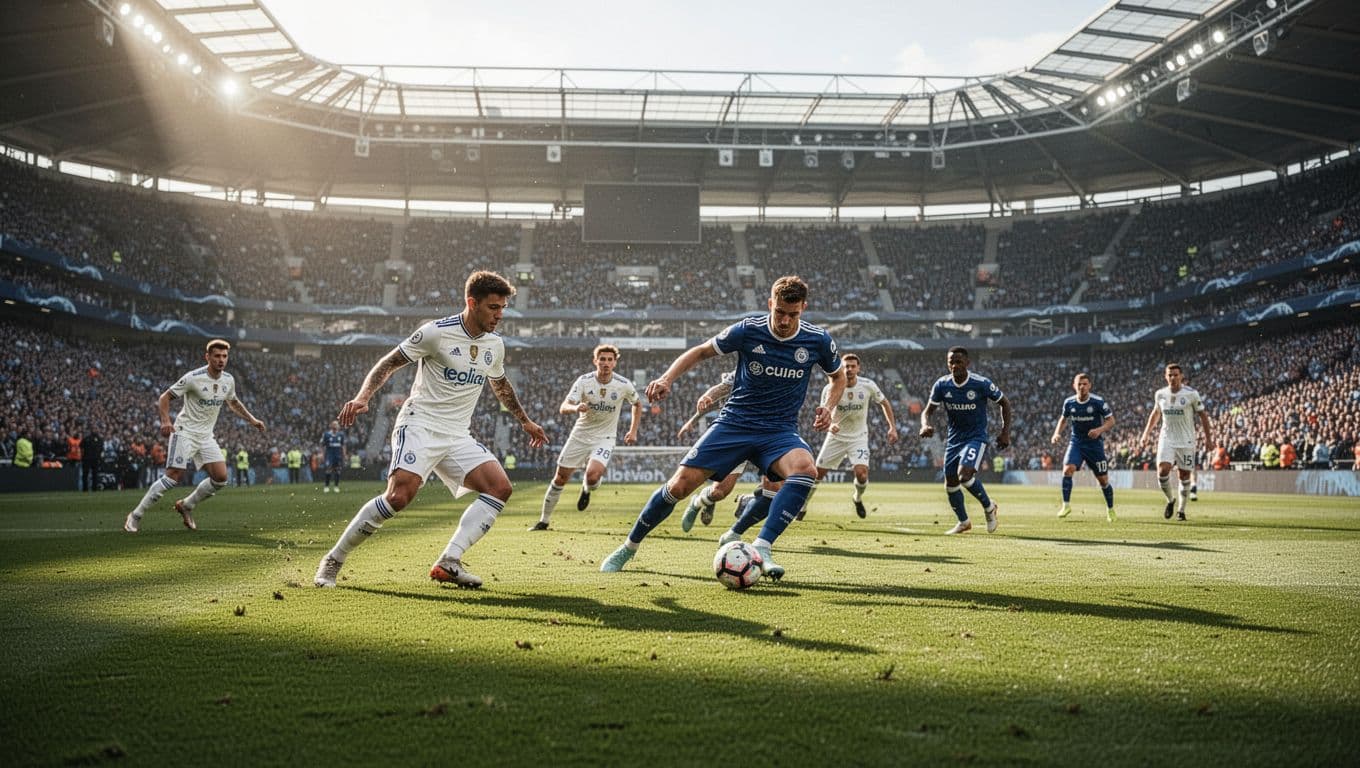 Dua tim sepak bola berseragam putih dan biru sedang bertanding sengit di atas lapangan rumput hijau. Stadion modern yang megah tampak penuh dengan penonton yang terlihat samar di latar belakang.