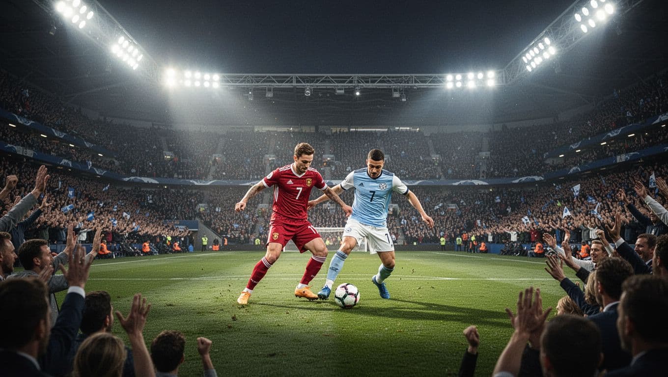 Para pemain berlaga di tengah lapangan hijau stadion besar di bawah sorotan lampu terang. Tribun penonton dipenuhi lautan pendukung yang menciptakan atmosfer tegang selama babak sistem gugur turnamen sepak bola bergengsi.