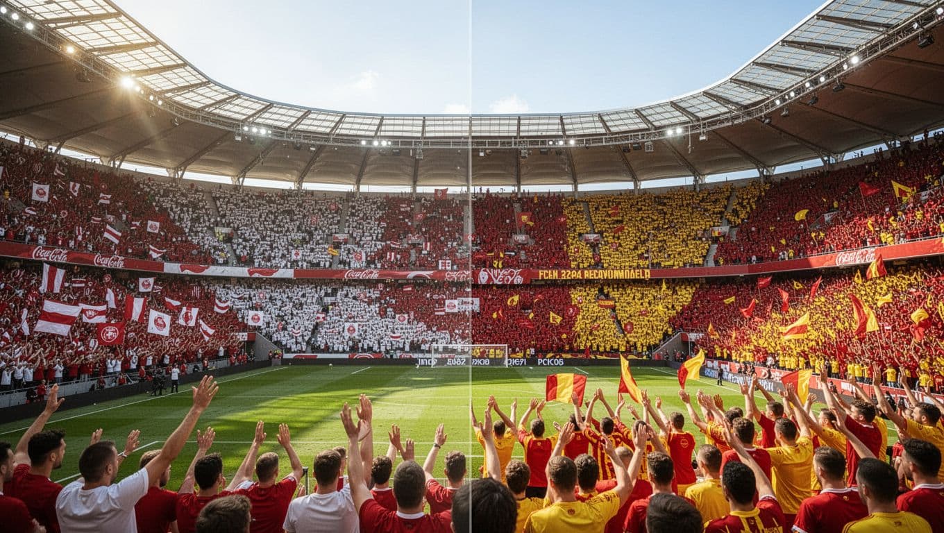 A professional football stadium is divided into two distinct sections, featuring the vibrant red and white of Peru on the left and the bold red and yellow of Spain on the right.