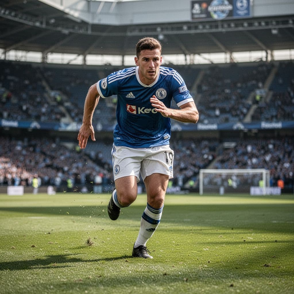 Close-up of footballer in blue-white jersey running on grass pitch with blurred stadium background.