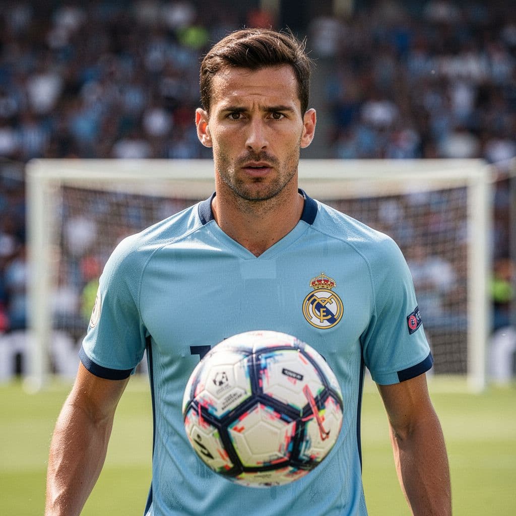 Soccer player in light blue kit controls ball with focused face amid blurred stadium crowd.