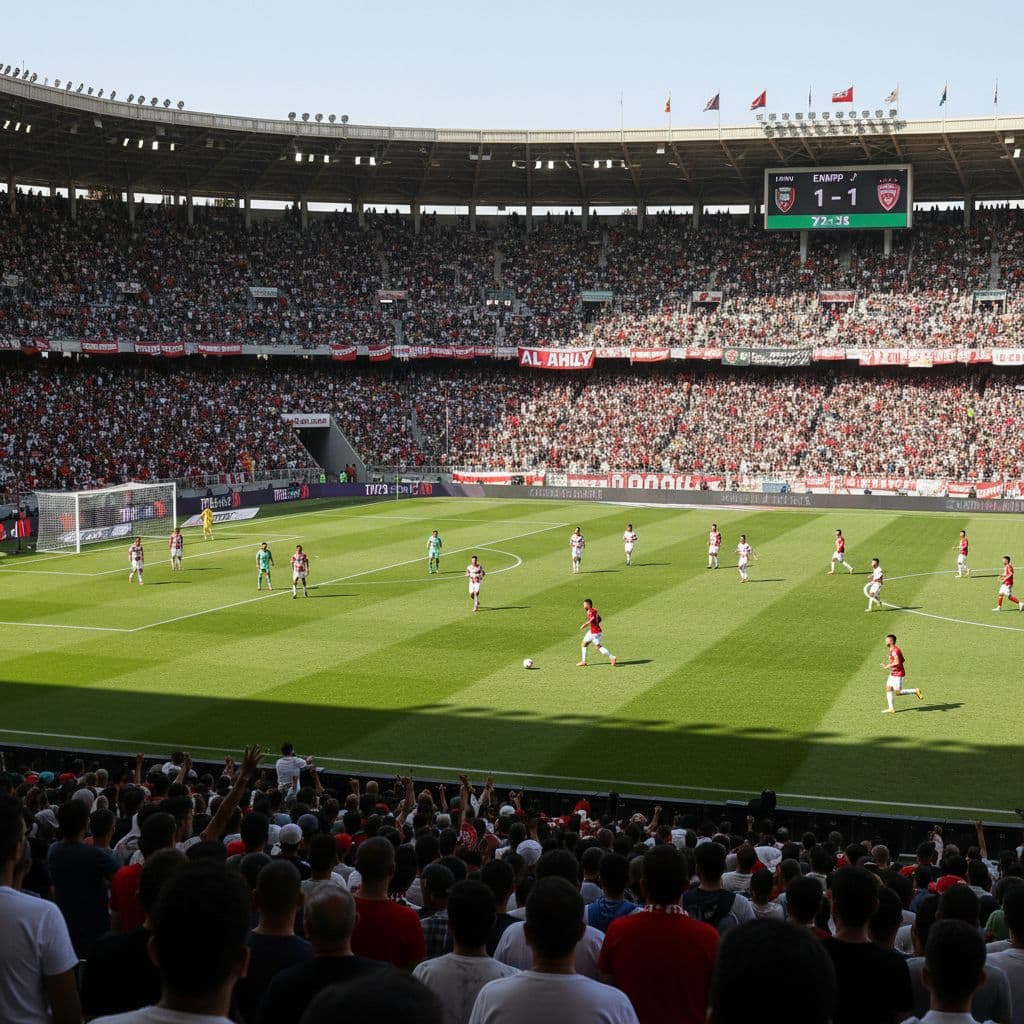 Photographer shoots photo of busy green soccer field from crowded stands on bright day.