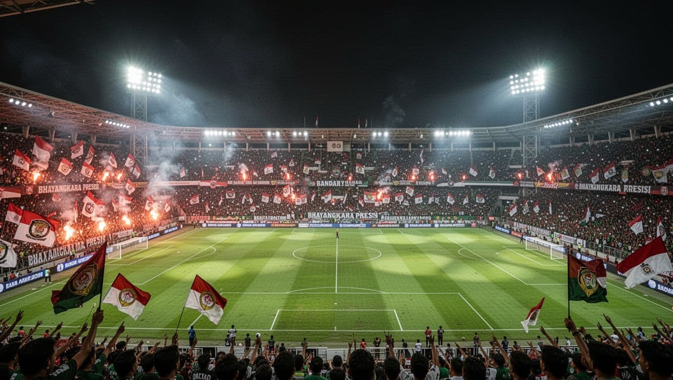 Night soccer match at PKOR Sumpah Pemuda stadium with Bhayangkara Presisi stands full of flags and flares under bright floodlights.