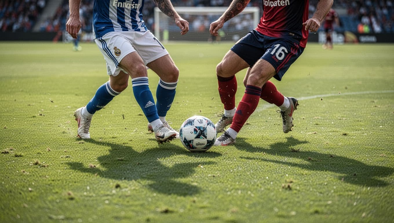 Two soccer players engage in a physical duel to gain control of the ball on a grass field.