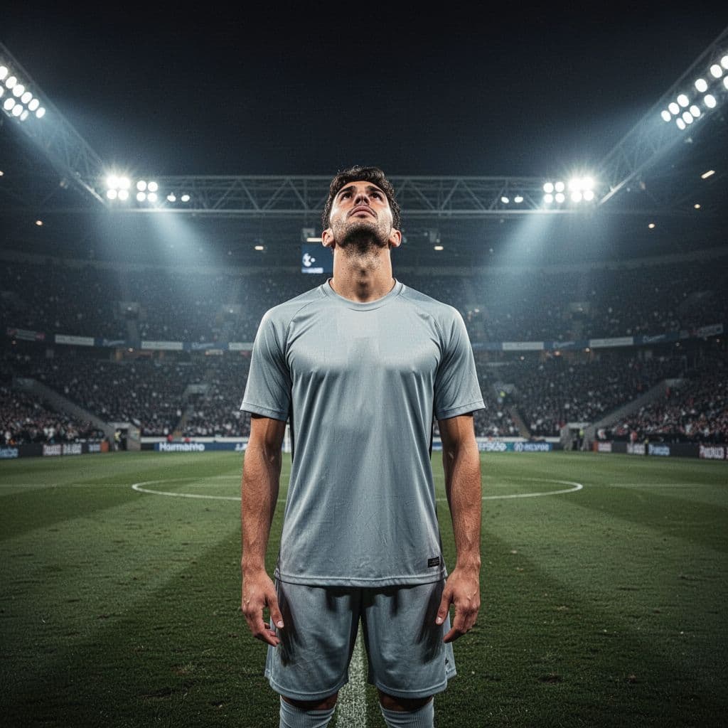 A lone Polish footballer stands on a dark pitch at night, looking up at empty stadium lights thoughtfully.