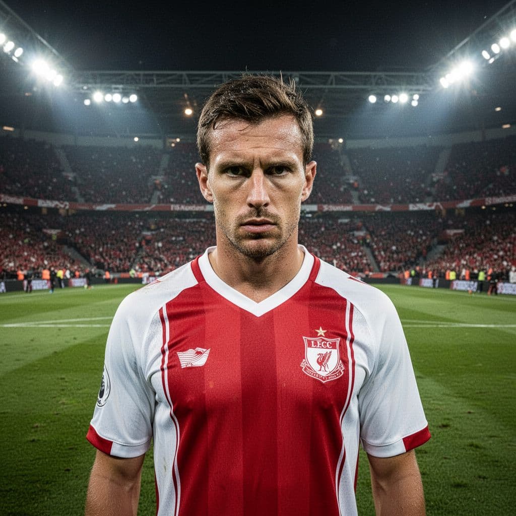 Close-up of focused Polish player in red-white jersey on green field in crowded stadium.