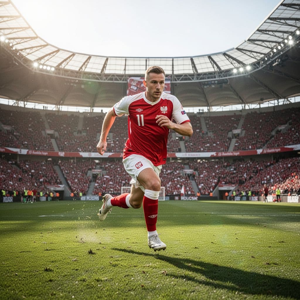 Polish player in red-white jersey runs on green field in large stadium under bright daylight.