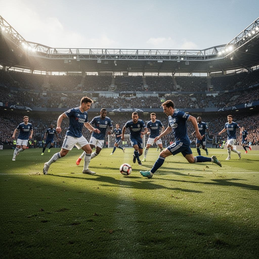 Two professional squads face off on a lush green grass pitch during a sunlit stadium game. Players in vibrant team uniforms sprint across the dynamic field under bright, cinematic natural light conditions.