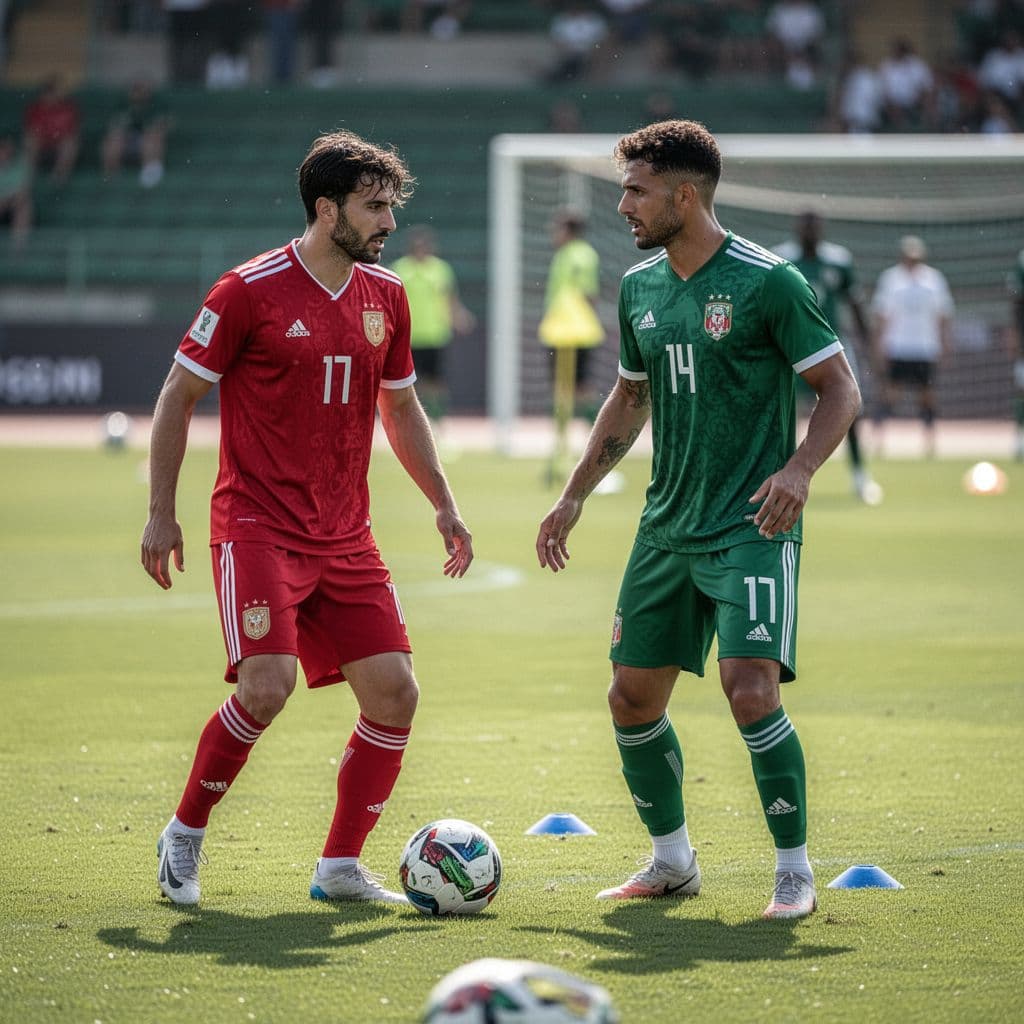 Two star football players in Portugal red and green jerseys engage in a tactical drill on a lush green pitch. Several teammates follow behind under bright natural daylight conditions.