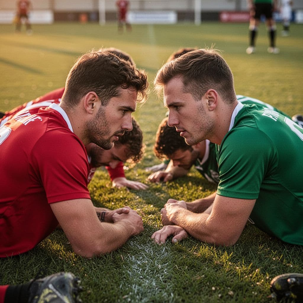 Players wearing red and green jerseys gather in a tight circle on a grassy pitch. Their focused faces are illuminated by the warm golden glow of a late afternoon sunset.