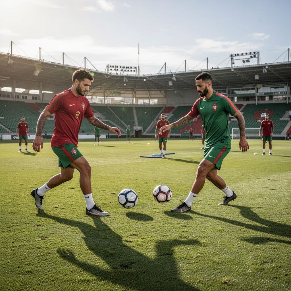 Eleven professional athletes in green and red kits perform tactical drills on a vibrant, manicured grass pitch. Bright sunlight highlights the players as they focus intensely during an outdoor practice.