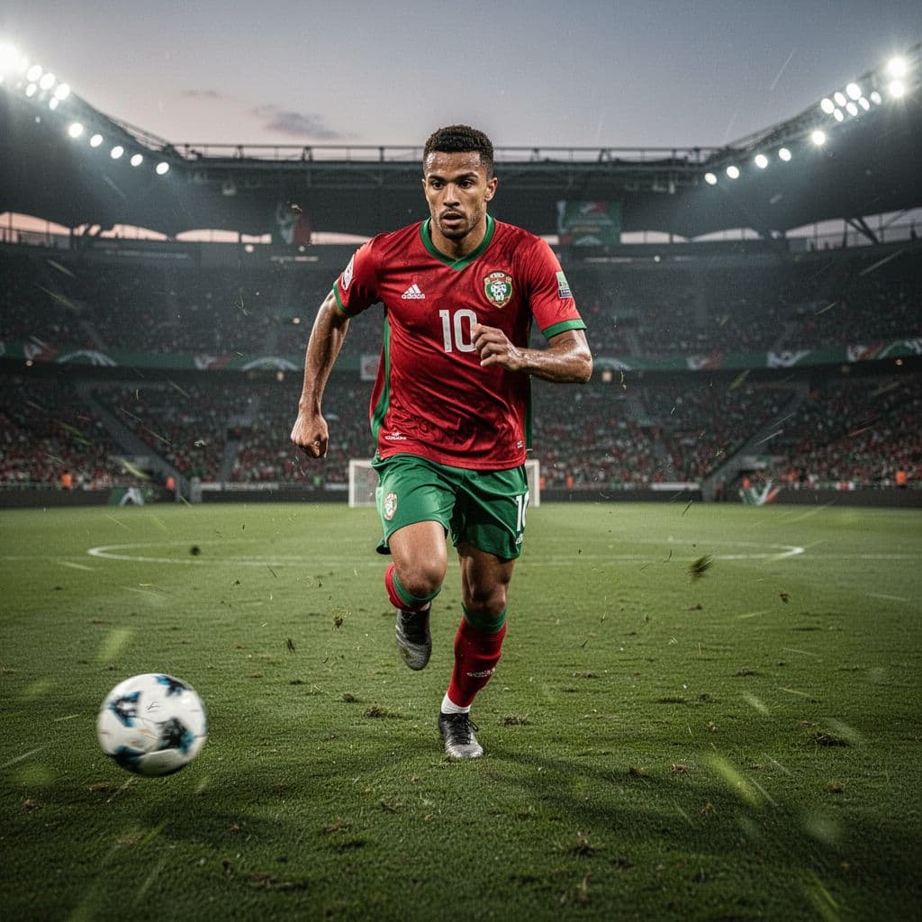 A professional athlete wearing a red and green national kit sprints across a vibrant green pitch. Brilliant overhead stadium lights illuminate the grass while creating deep shadows during an evening match.