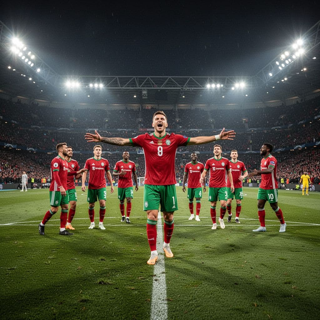 A group of athletes wearing red and green jerseys celebrate together on a lush stadium pitch under bright artificial lights. The central player raises their arms in a jubilant victory pose.