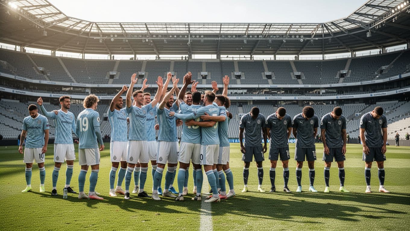 Two squads stand on the manicured grass of a stadium under bright sunlight. The victors celebrate their three-goal performance, while the defeated athletes appear contemplative after their World Cup qualifying loss.