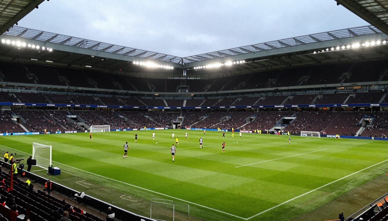 Players compete on green pitch in large daytime stadium with lights in background.