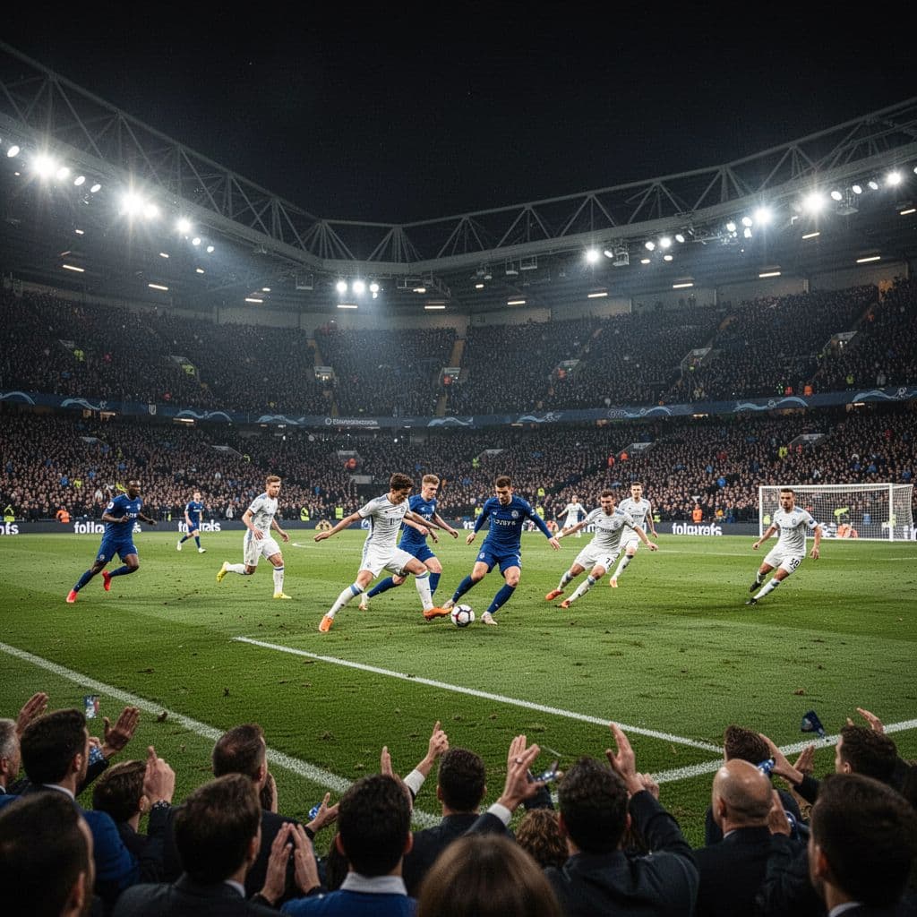 Crowded stands in a nighttime Premier League stadium with spotlights illuminating the green pitch.
