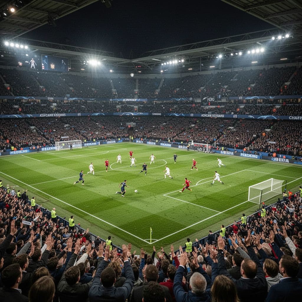 Wide high-angle shot of football stadium during match on green pitch under stadium lights with two teams.