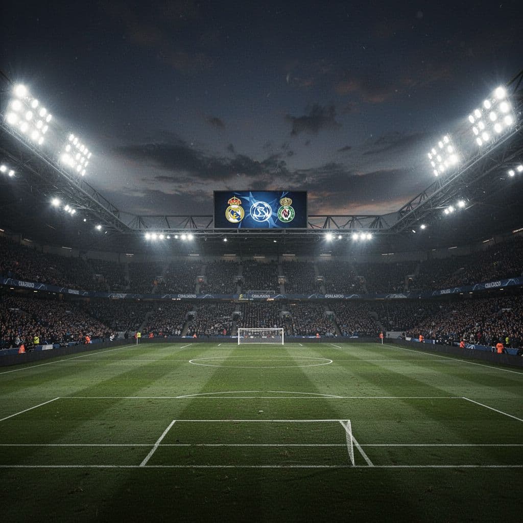 An empty professional football pitch is illuminated by bright stadium lights under a dramatic night sky.