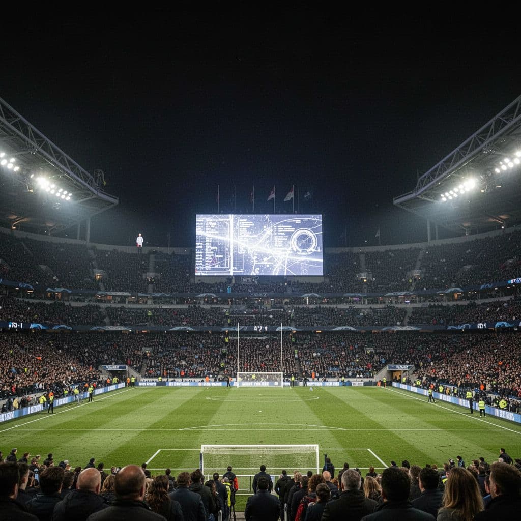 A wide shot of a glowing digital scoreboard in a darkened, crowded football stadium.