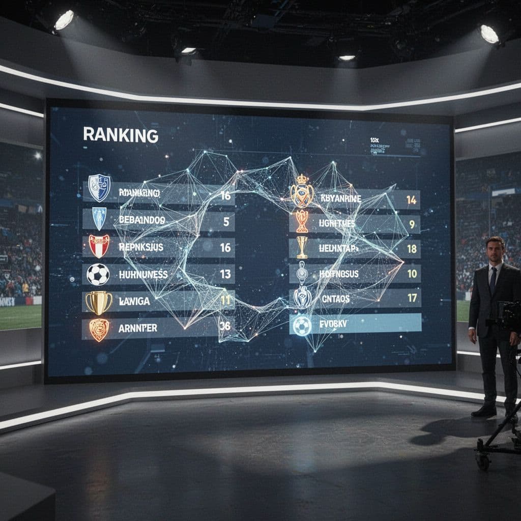A glowing digital league table displays in a modern, dimly lit sports broadcasting studio.