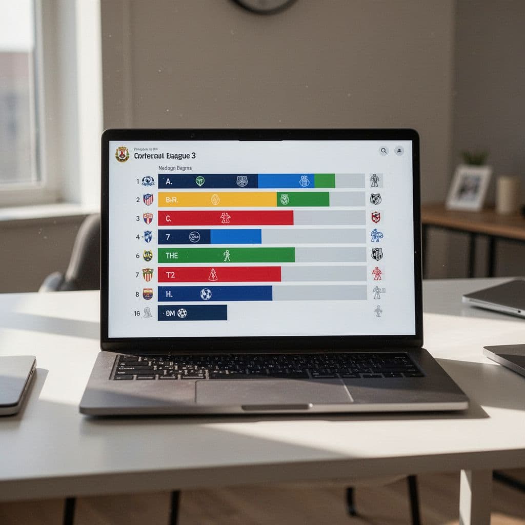 Close-up of laptop screen displaying professional football league table graphic in modern room.