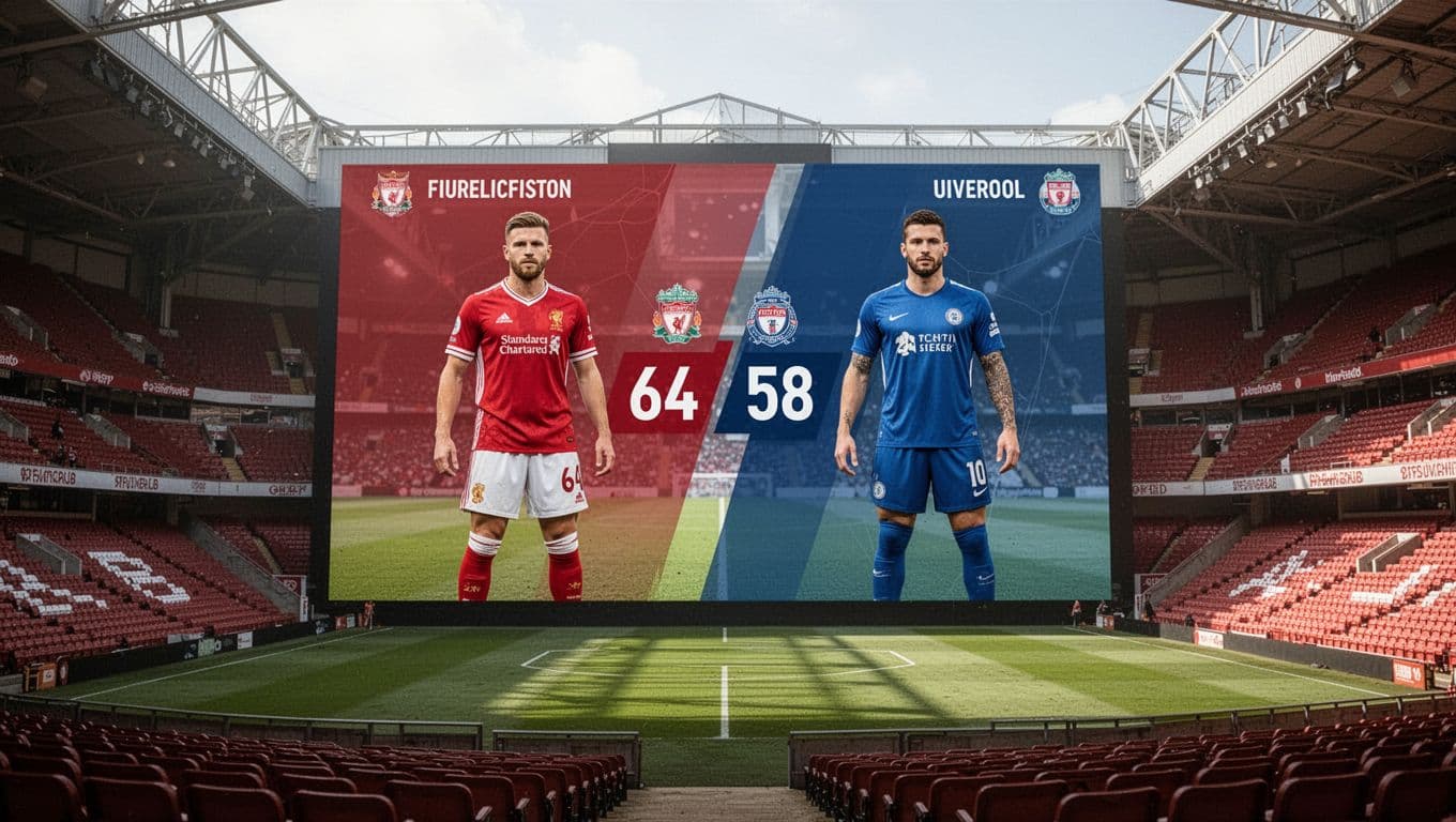 Infographic shows Premier League table with Manchester United 3rd at 64 points ahead of Liverpool 4th at 58, Old Trafford stadium background.