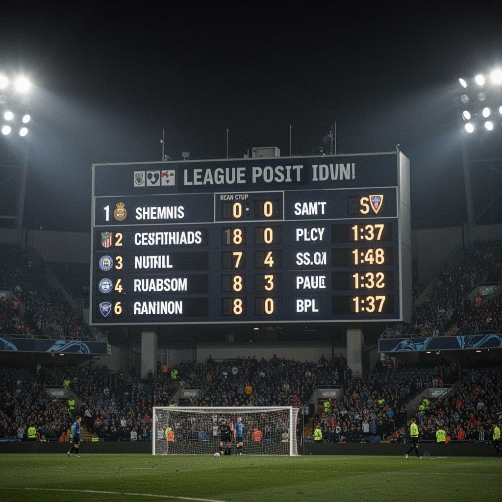 Close-up of football scoreboard with league table rankings in numbers against night stadium background.