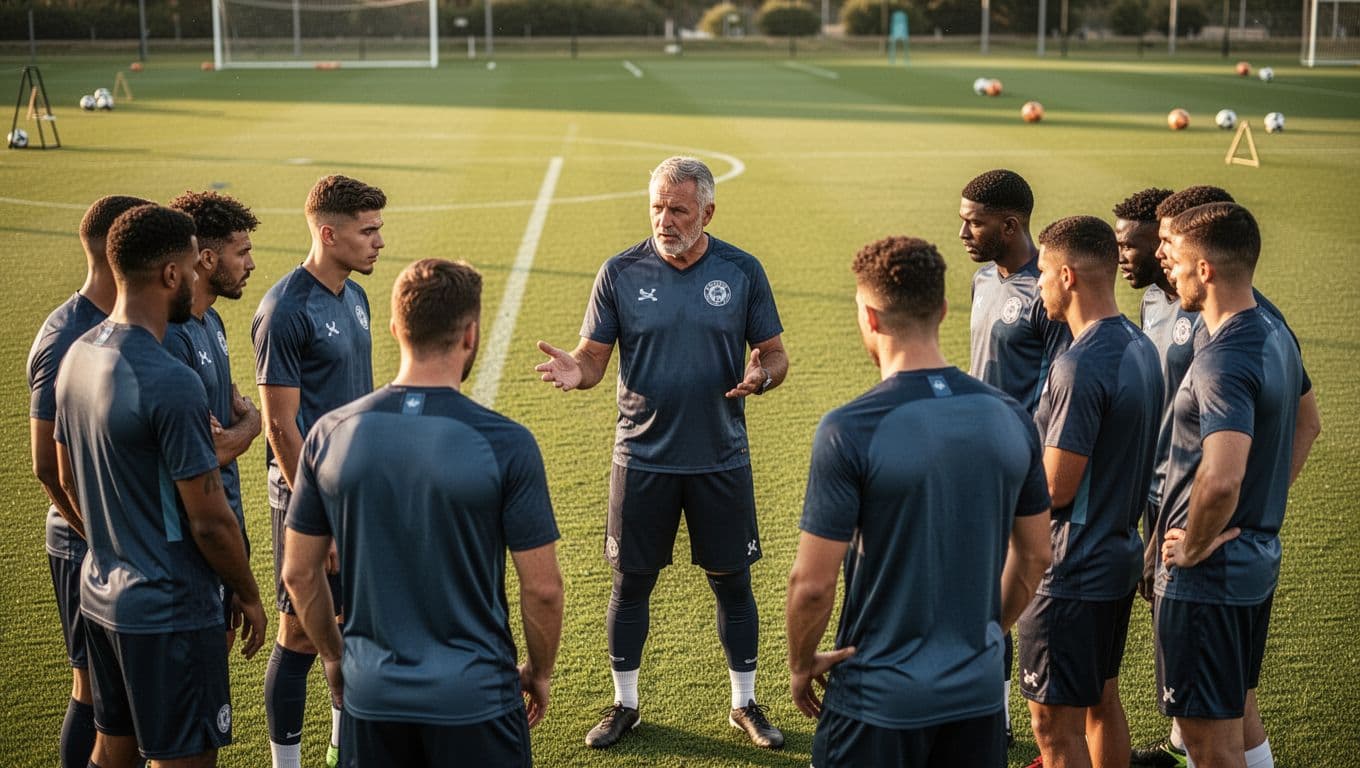A football coach instructs players on a lush green pitch during a focused afternoon practice session.