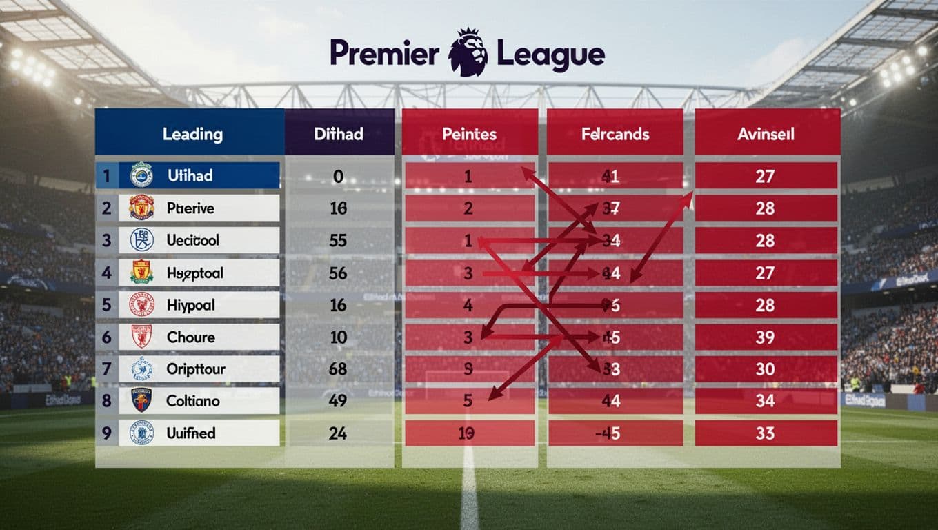 Infographic chart shows Arsenal leading top 5 Premier League standings, Manchester City second with blue bar, arrows indicate points changes from City vs Palace match, blurred Etihad background.