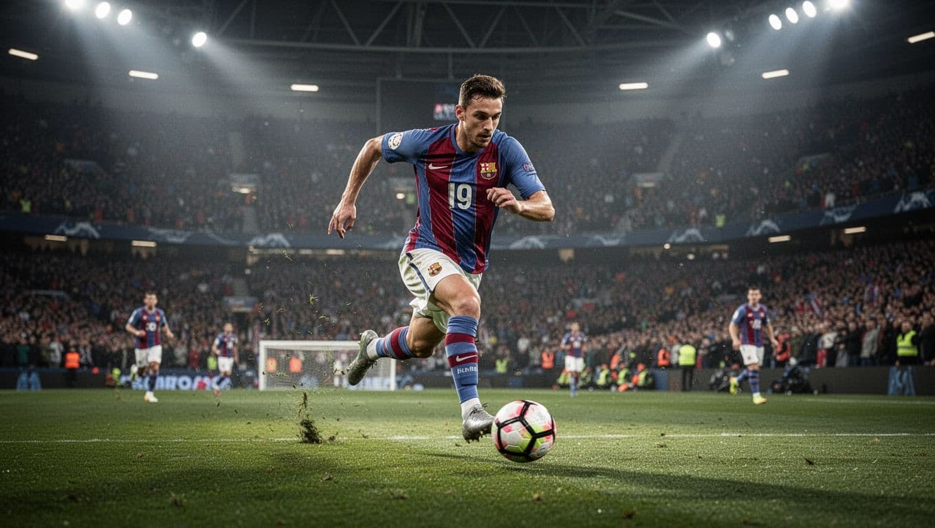 A focused soccer player sprints across the vibrant green turf of a massive stadium while dribbling the ball. The scene is captured with intense lighting as the crowd cheers in background.