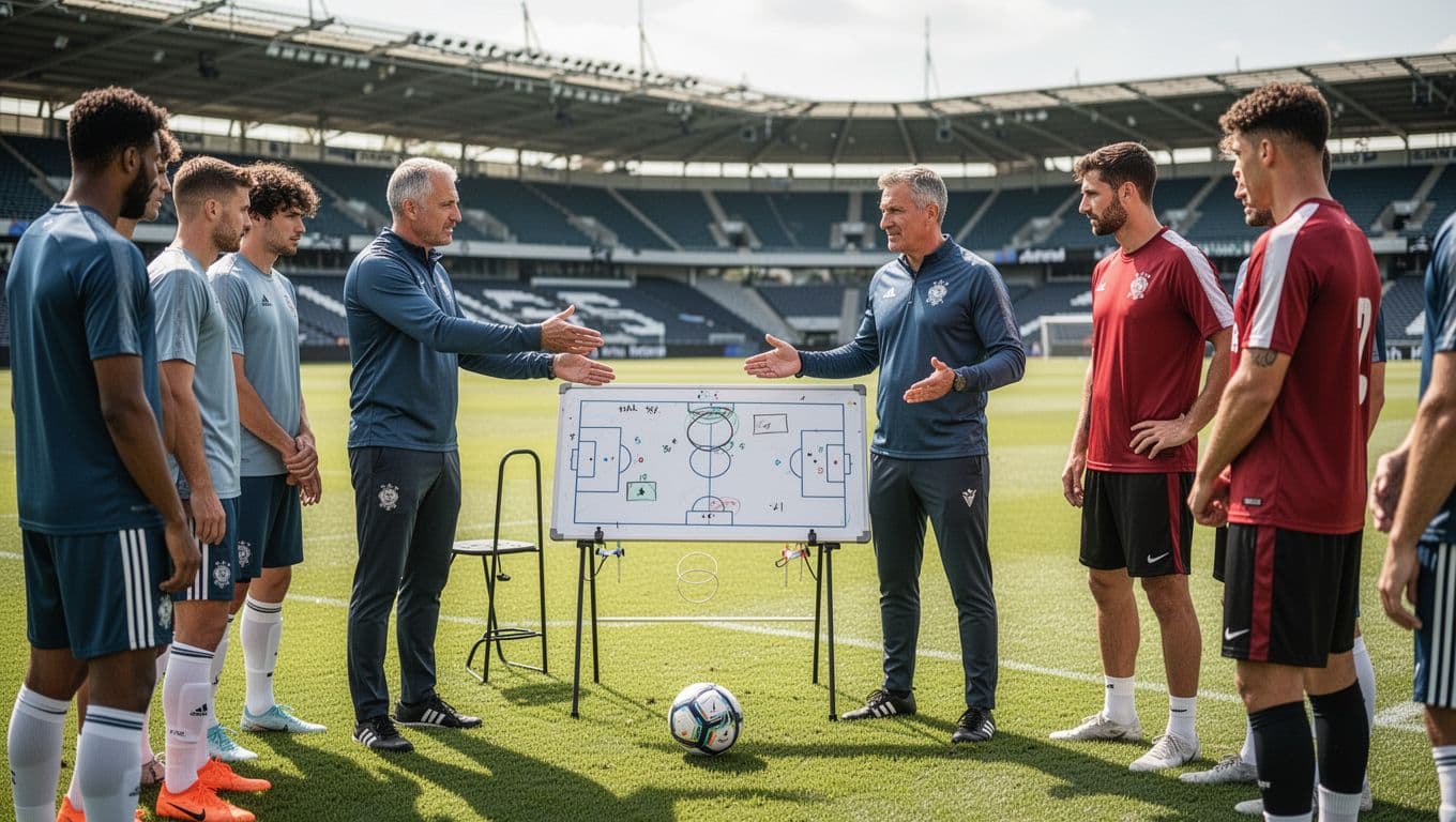 Coaches stand on a manicured grass pitch holding a large tactical board while addressing attentive players. A single football rests nearby as the sun highlights the vibrant stadium bleachers behind them.