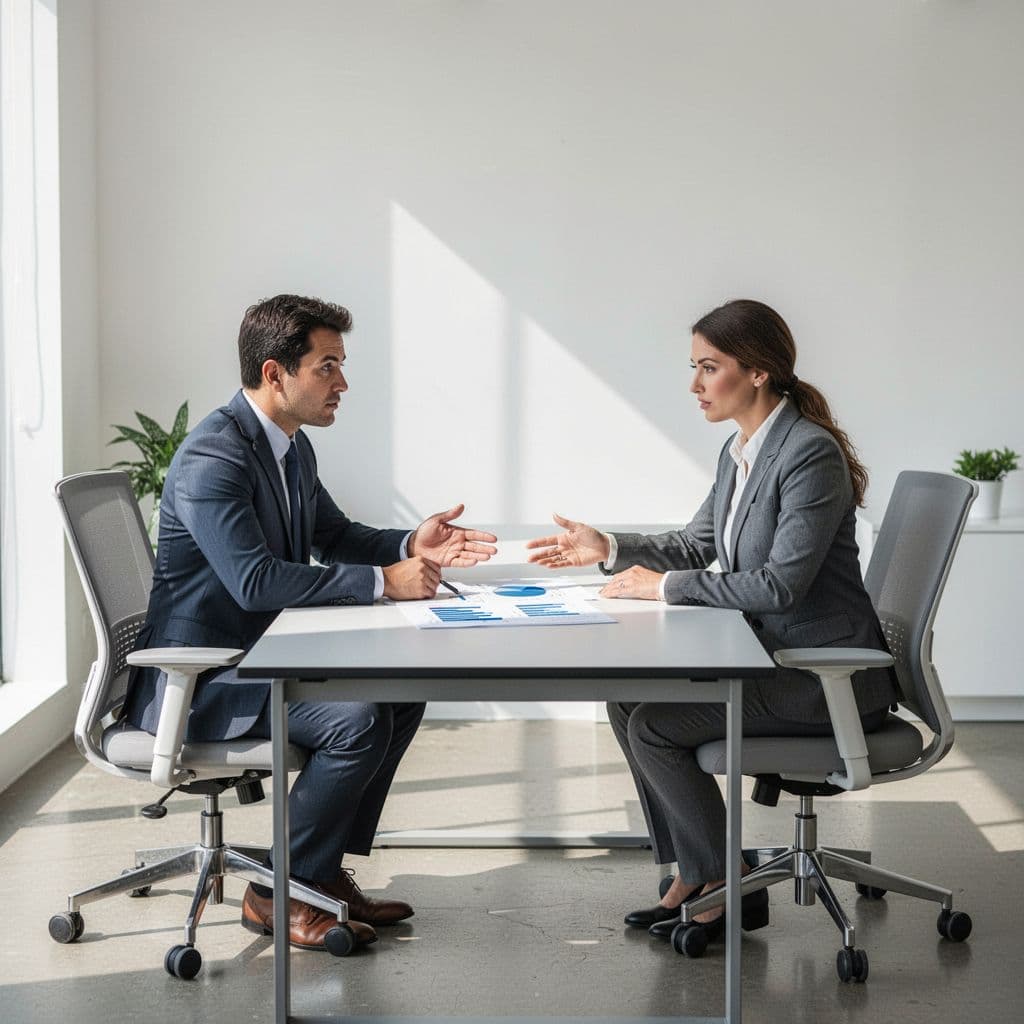 Two professionals discuss financial documents and charts at a table in a bright modern office.