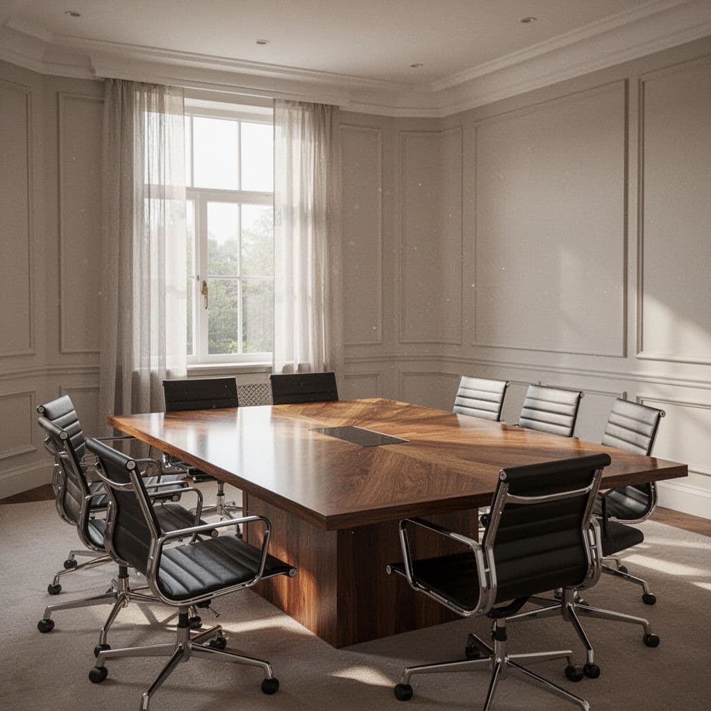 A sunlight-filled meeting room features a large wooden table and chairs in a clean professional workspace.