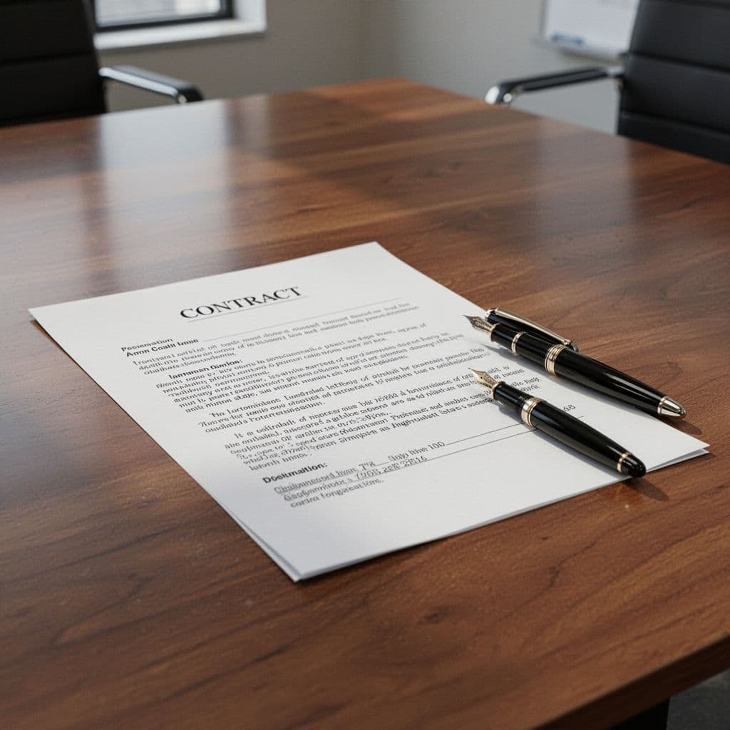 A clean, blank football contract lies centered on a polished wooden table. A sophisticated metal fountain pen rests atop the document, illuminated by soft, professional office lighting that highlights the paper.