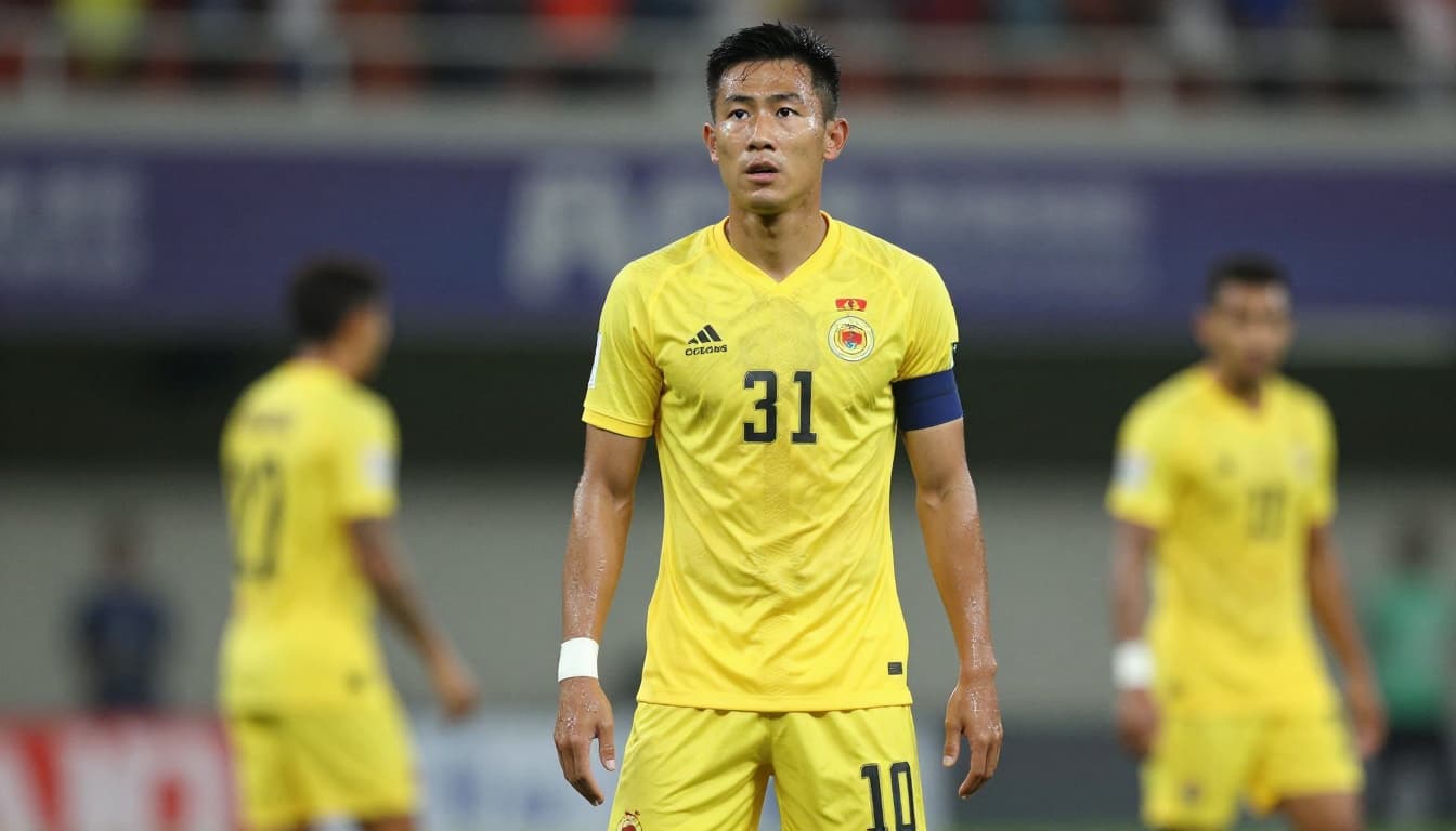 A football player in a yellow jersey stands in a defensive stance on the pitch.
