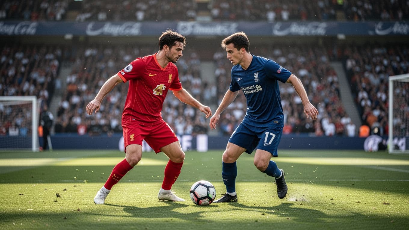A player in a red jersey challenges an opponent in blue for ball possession on a grassy field. The vibrant stadium stands are blurred in the background under bright natural sunlight.