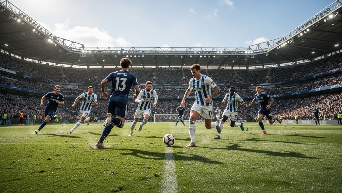 Players in uniform compete across a vibrant green field under bright daylight within a massive stadium. The wide shot captures dynamic movement and intense athletic action during a high-stakes international tournament.