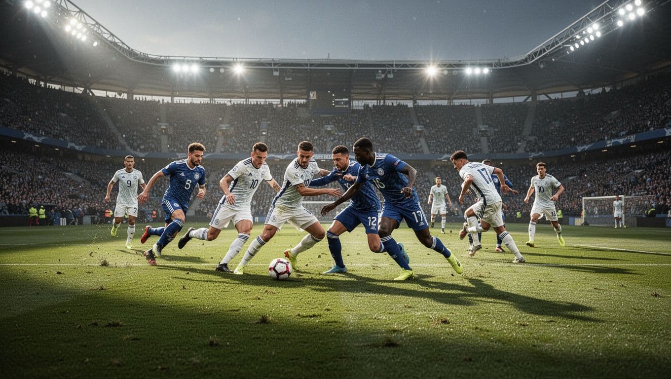 Two opposing football teams compete on a vibrant green pitch under intense stadium floodlights. The wide-angle perspective captures players mid-motion during a fast-paced game in a vast, modern sports arena.